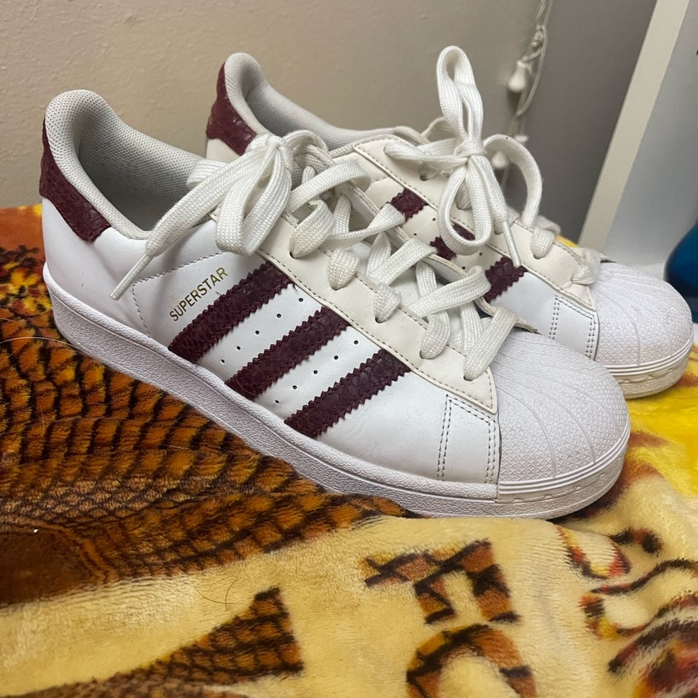 Adidas Superstar White and Burgundy Sneakers